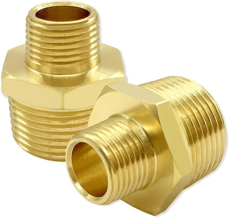 Hooshing 2PCS 1/4" NPT Male to 3/4" NPT Male Brass Pipe Fittings Reducing Hex Nipples Adapter for Plumbing - Image 1